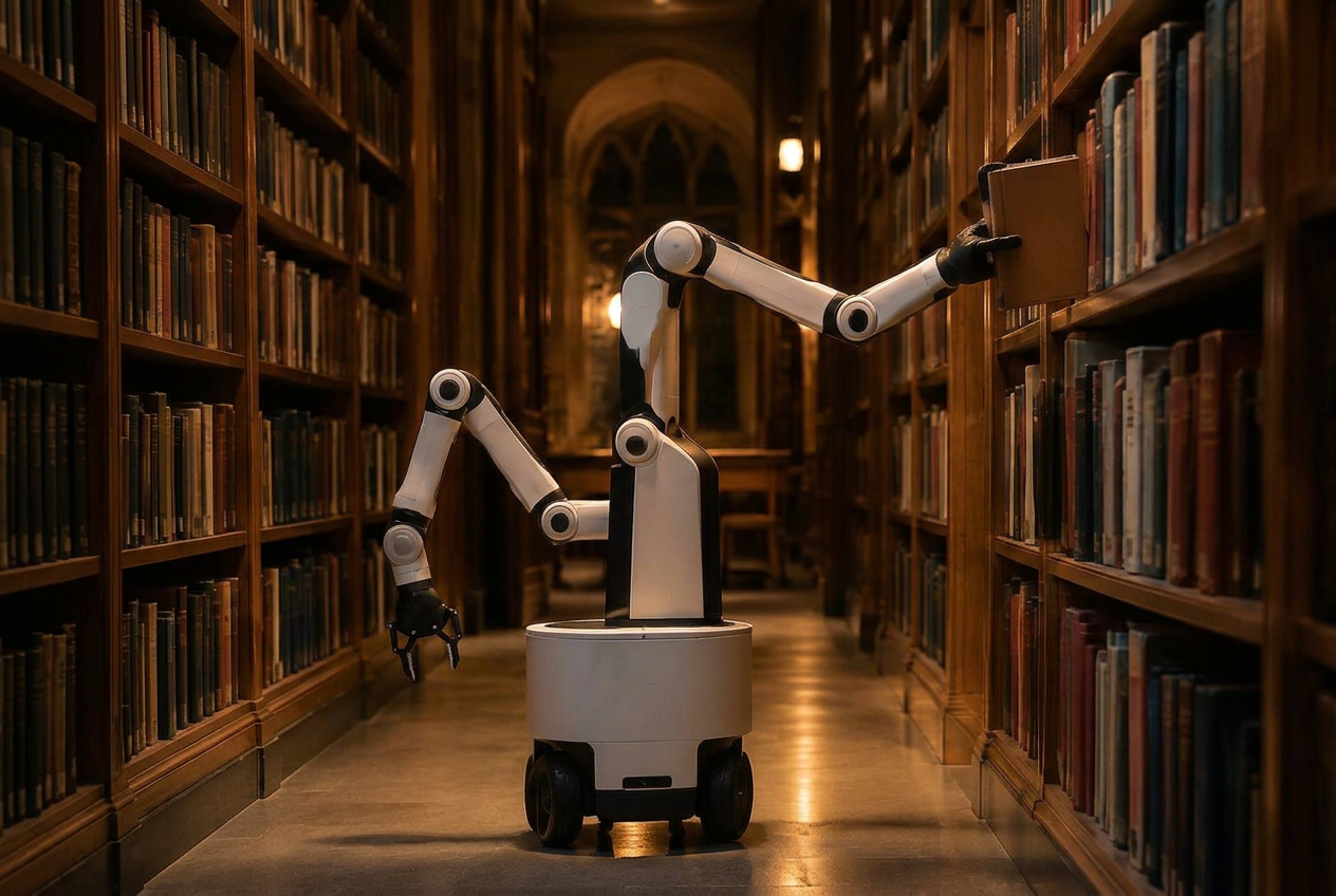 Wheeled two-armed robot reshelving a book between tall library shelves