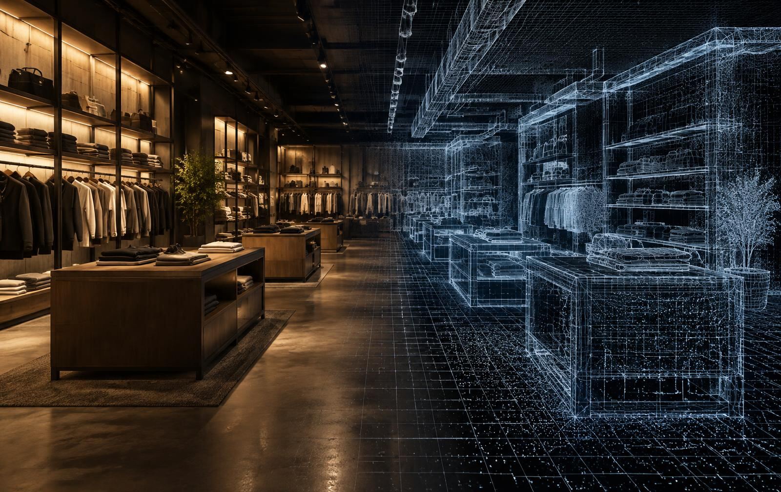 Store interior shifting from a real photo into a wireframe digital model