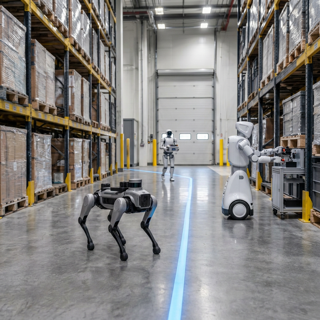 Quadruped in a warehouse with a humanoid carrying a kit box behind it and a wheeled humanoid working at a machine on the right