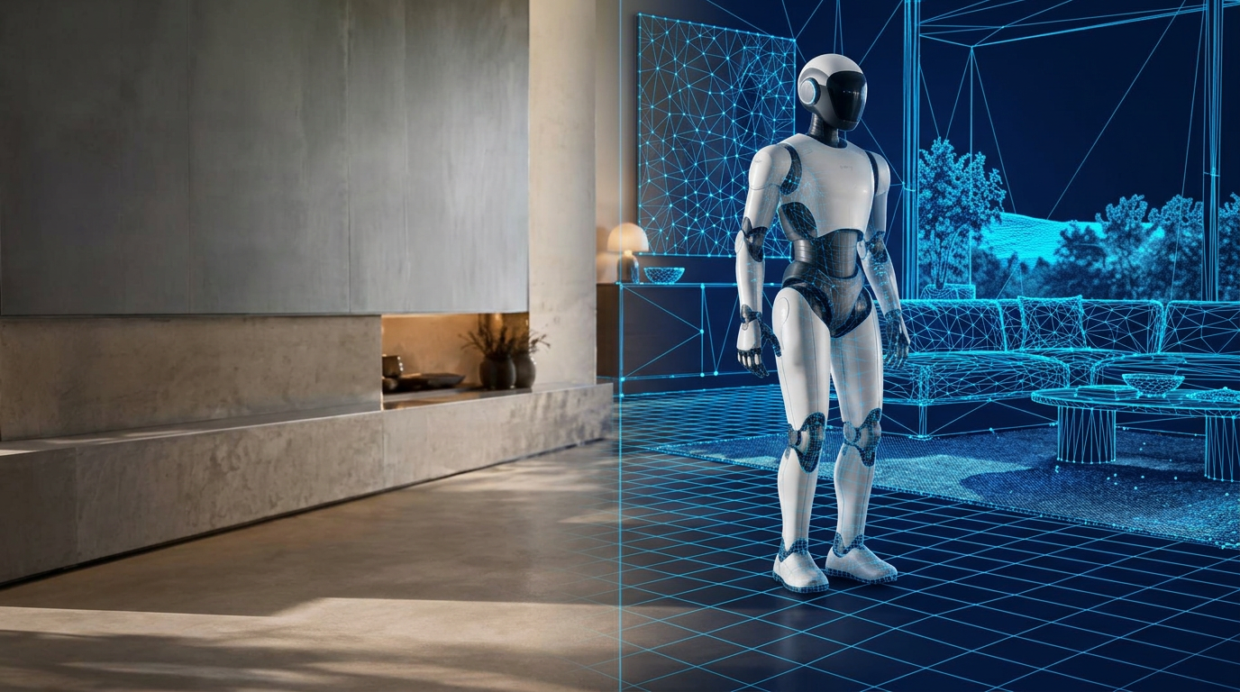 Living room half built and half blue spatial scan