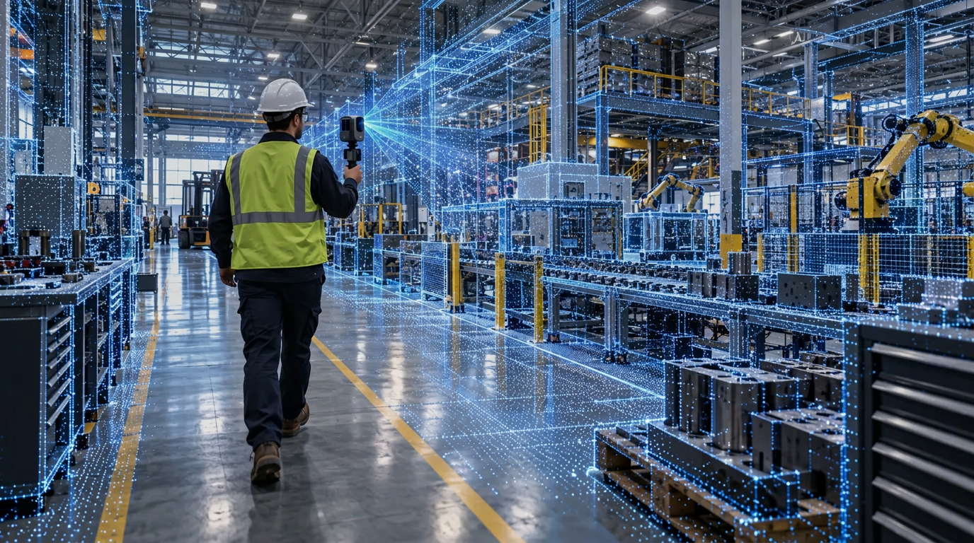 Technician walking a factory floor with a handheld scanner as machines turn into a point cloud