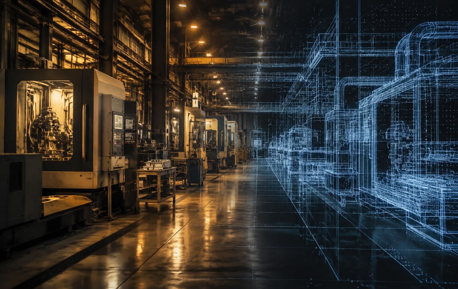 Factory floor shifting from a real photo into a wireframe digital model