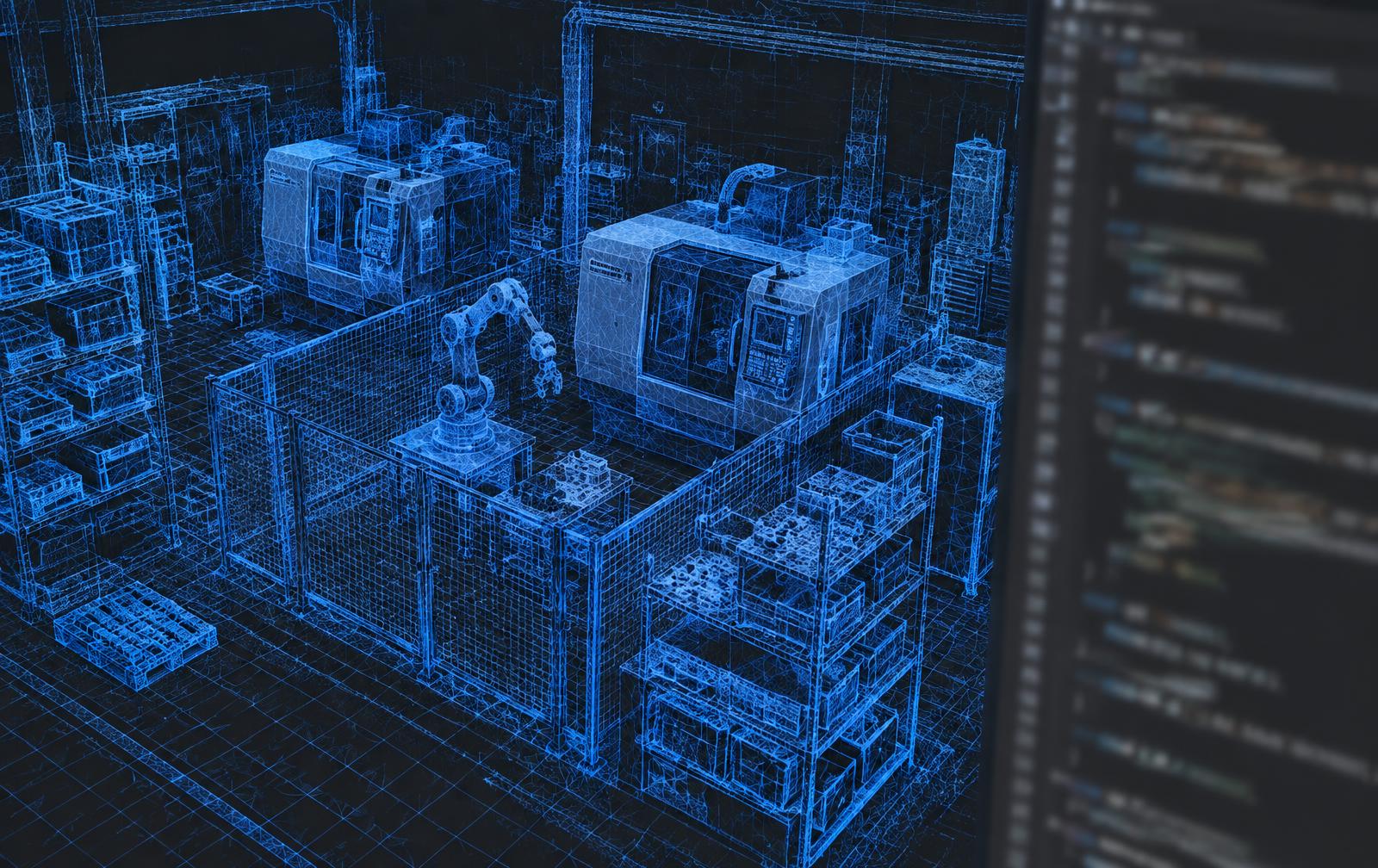 Blue meshed factory scan beside deliberately blurred generic analysis code
