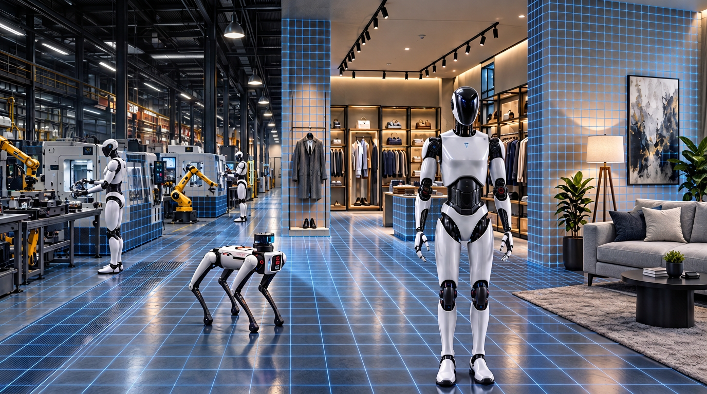 CNC machines and industrial robotic arms beside a clothing store and home, blending physical surfaces with blue scan mesh and fully visible humanoid and quadruped robots